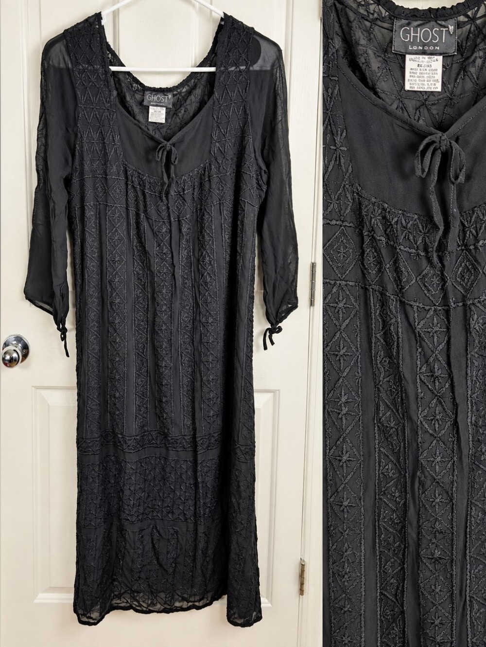 Vintage Vtg Ghost London 90s Whimsigoth Viscose Black Embroidered Dress Size M